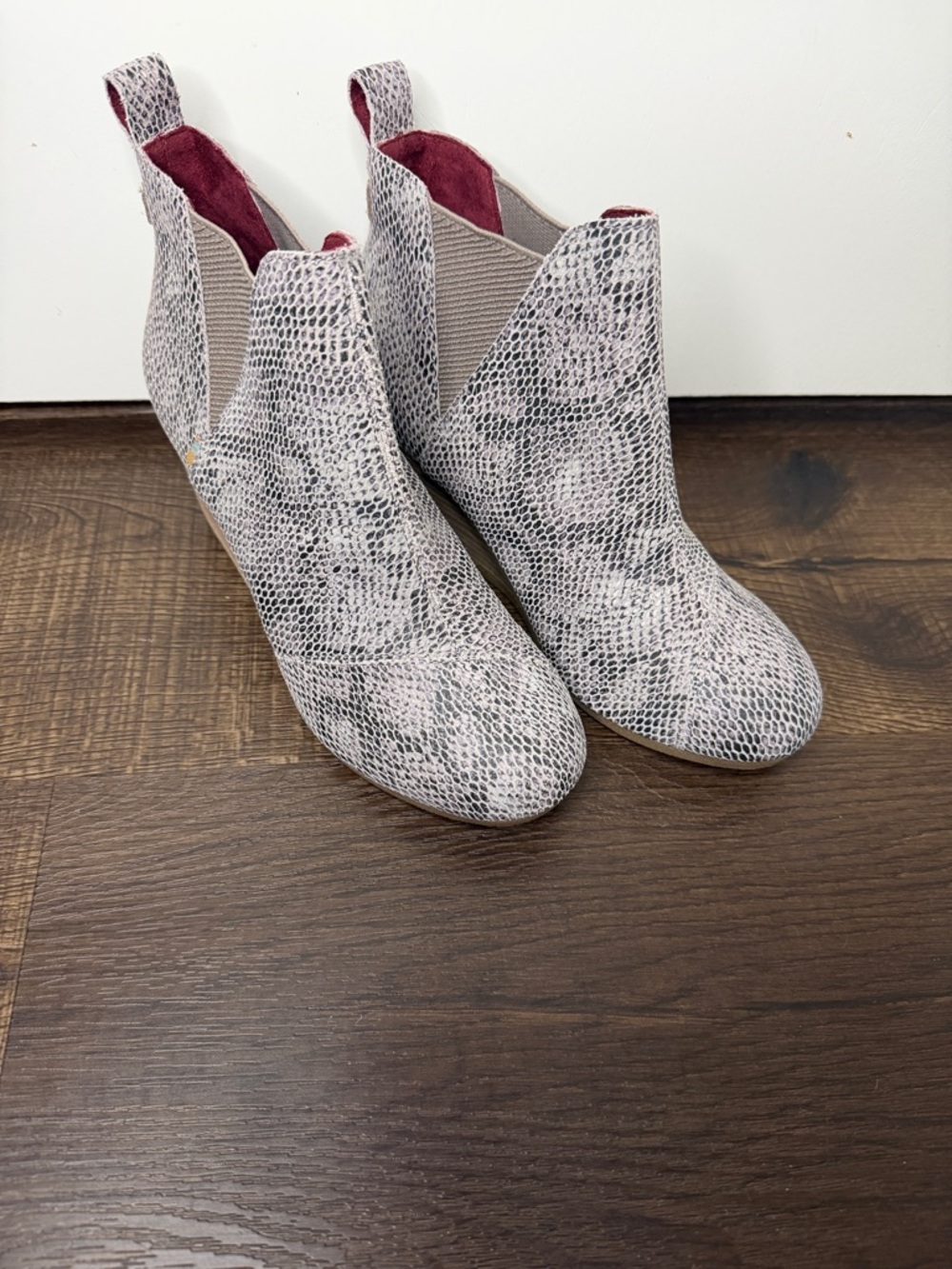 Toms Snake-Print Ankle Booties in Light Gray with Burgundy Lining